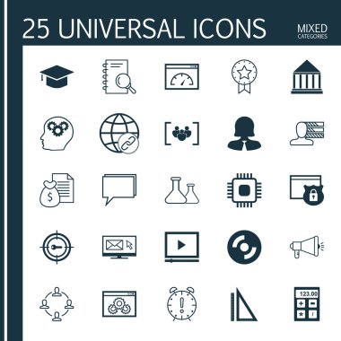 Mezuniyet, Bağlantı, Boş Cd Ve Diğer Konular Üzerine 25 Evrensel Simgeler Ayarlayın. Web Sitesi Performansı, Beyin Süreci, Zaman Yönetimi ve Diğer Simgeler Dahil Vektör Simge Seti.