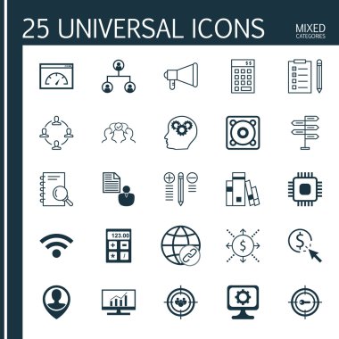 Set 25 Evrensel Simgeler Karar Verme, Chip, Odak Grubu Ve Diğer Konular. Anahtar Kelime Pazarlama, İşbirliği, Pazar Araştırması ve Diğer Simgeler Dahil Vektör Simge Seti.