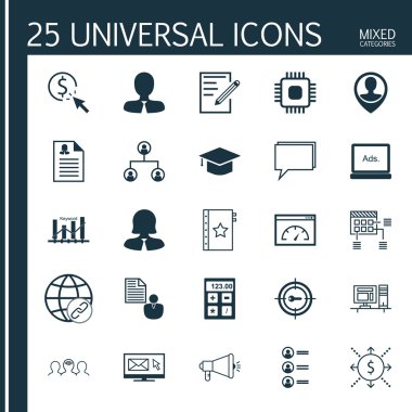 Set 25 Evrensel Simgeler Mezuniyet, Konferans, İş Başvuru ve Diğer Konular. İş Kadını, İş Başvurularını, Yöneticiyi Ve Diğer Simgeleri Içeren Vektör Simge Seti.