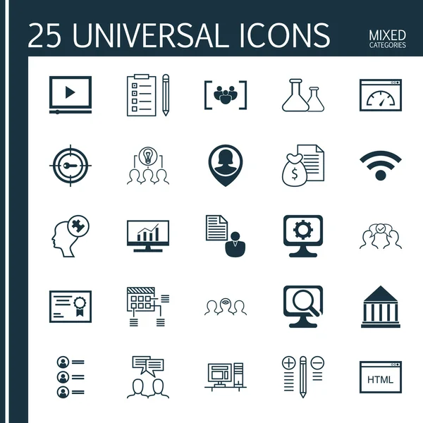 Készlet 25 univerzális ikonok a kulcsszó marketing, kérdőív, oktatási központ és több téma. Vektor ikon készlet beleértve video játékos, kitűző alkalmazott, piackutatás és más ikonok. — Stock Vector