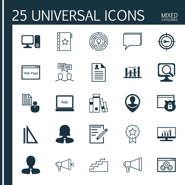 Set 25 Evrensel Simgeler Kadın Uygulama, Pazar Araştırması, Duyuru Ve Diğer Konular. Bilgisayar Dahil Vektör Simge Seti, Yenilik, Anahtar Kelime Pazarlama ve Diğer Simgeler.