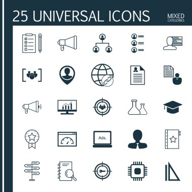 Medya Kampanyası, Bağlantı, Çip Ve Diğer Konular 25 Evrensel Simgeler Ayarlayın. Ağaç Yapısı, Çalışan Konumu, Pazar Araştırması ve Diğer Simgeleri Içeren Vektör Simge Seti.