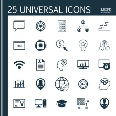 Pin Elemanı Üzerine 25 Evrensel Simge, İşbirlikçi Çözüm, Odaklanma Grubu ve Daha Fazla Konu. Graduation, Human Mind, Focus Group ve diğer Simgeleri içeren vektör simgesi kümesi.