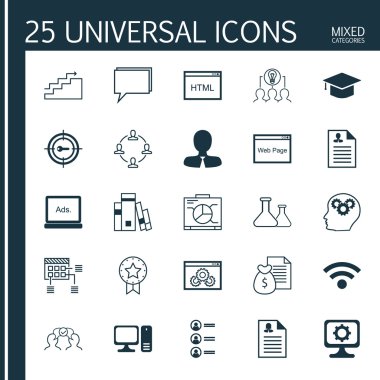 Web Sitesi Performansı, Kütüphane, Büyüme Ve Daha Fazla Konu Üzerine 25 Evrensel Simge ler Ayarlayın. Kütüphane, Bilgisayar, Pano ve Diğer Simgeler Dahil Vektör Simge Seti.