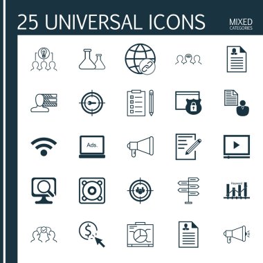 Güvenlik, İşbirliği, Duyuru ve Daha Fazla Konu Konusunda 25 Evrensel Simge. Dijital Ortam, Müzik, Kadın Uygulaması ve Diğer Simgeleri içeren Vektör Simgesi Seti.