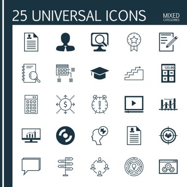 Set 25 Evrensel Simgeler Mevcut Rozet, Mezuniyet, Video Player Ve Daha Fazla Konu. İşbirliği, Web Sitesi Performansı, Laptop ve Diğer Simgeler dahil Vektör Simge Seti.