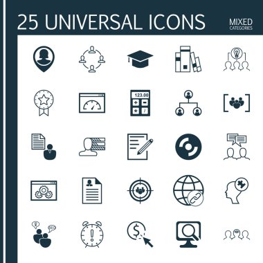 Web Sitesi Performansı, Kütüphane, Koçluk ve Daha Fazla Konu Üzerine 25 Evrensel Simgeler Ayarlayın. Bağlantı, Pin Çalışan, İşbirlikçi Çözüm ve Diğer Simgeler Dahil Vektör Simge Seti.