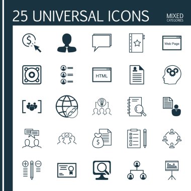 Anket, Karar Verme, Müzik Ve Diğer Konular Üzerine 25 Evrensel Simgeler Kümesi. Tartışma, Rapor, Kadın Uygulaması ve Diğer Simgeleri Içeren Vektör Simge Seti.