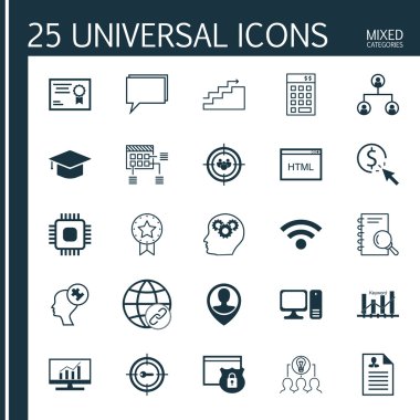 Focus Grubu, Bilgisayar, Zamanlama ve Daha Fazla Konu Üzerine 25 Evrensel Simge ler Ayarlayın. Ppc, Pazar Araştırması, Çalışan Konumu ve Diğer Simgeler Dahil Vektör Simge Seti.