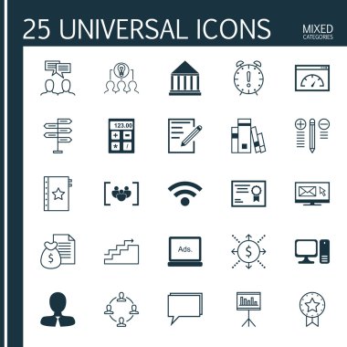 Zaman Yönetimi, Garanti, Konferans ve Diğer Konular Üzerine 25 Evrensel Simgeler Ayarlayın. Fırsat, Sertifika, Yönetici ve Diğer Simgeler Dahil Vektör Simge Seti.