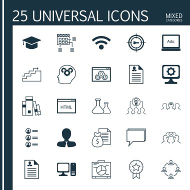 Mezuniyet, Yönetim Kurulu, Kimya Ve Daha Fazla Konu Üzerine 25 Evrensel Simgeler Seti. İşbirliği, Kütüphane, Yönetici ve Diğer Simgeler Dahil Vektör Simge Seti.