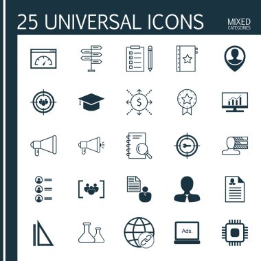 Mezuniyet, Çalışan Konumu, Medya Kampanyası Ve Diğer Konular Üzerine 25 Evrensel Simgeler Ayarlayın. Ölçüm, Yükleme Hızı, Para ve Diğer Simgeler Dahil Vektör Simge Seti.