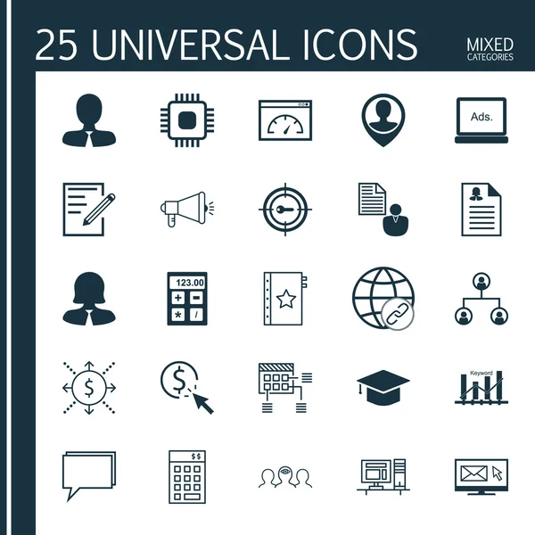 Állítsa be a 25 univerzális ikonok a kulcsszó optimalizálás, pénz, chip és több téma. Vektor ikon szett hírlevél, kulcsszó optimalizálás, fa szerkezete és egyéb ikonok. — Stock Vector
