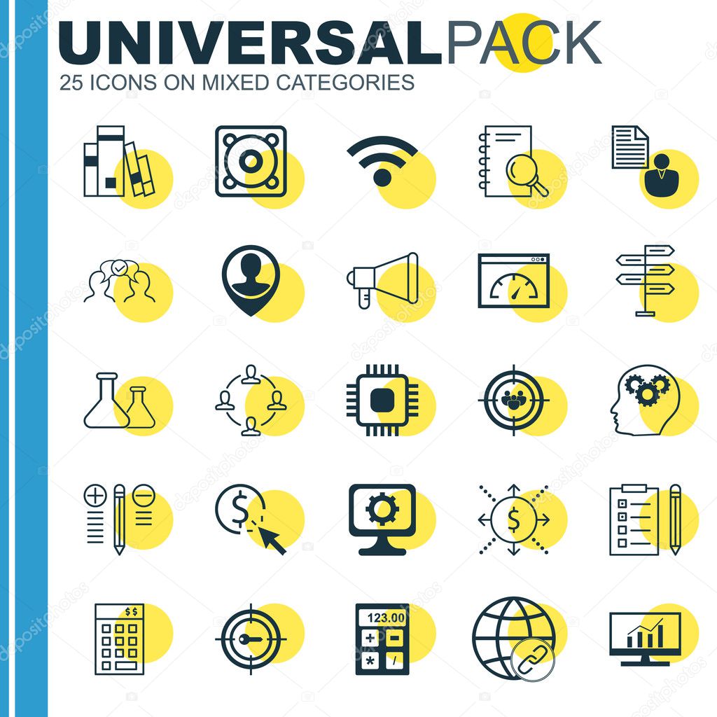 Set Of 25 Universal Icons On Library, Chip, Employee Location And More Topics. Vector Icon Set Including Market Research, Analysis, Opportunity And Other Icons.