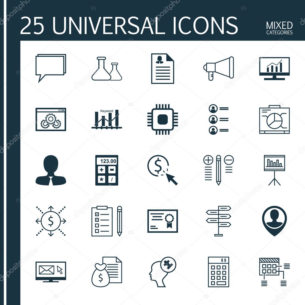 Set Of 25 Universal Icons On Manager, Report, Employee Location And More Topics. Vector Icon Set Including Reminder, Financial, Investment And Other Icons.