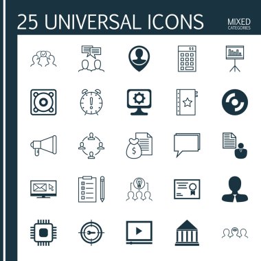 Set 25 Evrensel Simgeler Eğitim Merkezi, Yönetici, Koçluk Ve Daha Fazla Konu. Tartışma, Bilgisayar, Çip Ve Diğer Simgeler Dahil Vektör Simge Seti.