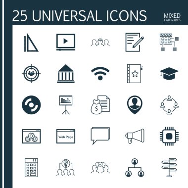 Mezuniyet, Konferans, İşbirlikçi Çözüm Ve Daha Fazla Konu Üzerine 25 Evrensel Simge ler Kümesi. İşbirliği, Rapor, Yatırım ve Diğer Simgeleri Içeren Vektör Simge Seti.