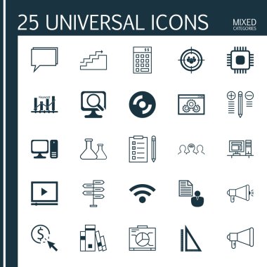 Medya Kampanyası, Konferans, Video Oynatıcı ve Diğer Konular Üzerine 25 Evrensel Simgeler Ayarlayın. Anahtar Kelime Optimizasyonu, Bilgisayar, Kütüphane ve Diğer Simgeleri Içeren Vektör Simge Seti.