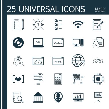 Kablosuz, Fırsat, Bağlantı ve Daha Fazla Konu Üzerine 25 Evrensel Simgeler Ayarlayın. Kağıt, Kablosuz, Sunum ve Diğer Simgeler Dahil Vektör Simge Seti.