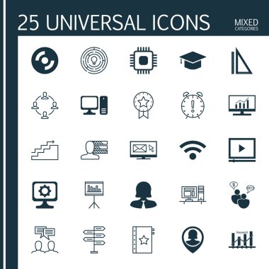 Ölçüm, Yenilik, Büyüme ve Daha Fazla Konu Üzerine 25 Evrensel Simge ler Ayarlayın. Video Oynatıcı, İşbirliği, Anahtar Kelime Optimizasyonu Ve Diğer Simgeleri Içeren Vektör Simge Seti.