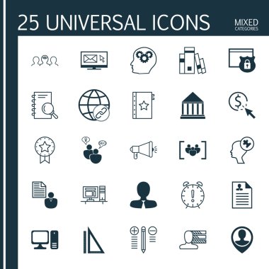 Güvenlik, bağlantı, rapor ve daha fazla konu hakkında 25 evrensel ikon seti. Vektör Simgesi Ayarları Zaman Yönetimi, Çalışanların Konumu, PPC ve Diğer Simgeler.