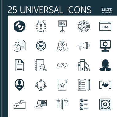 Set 25 Evrensel Simgeler Müfredat Vitae, Rapor, Koçluk Ve Daha Fazla Konu. Koçluk, İşbirlikçi Çözüm, Büyüme Ve Diğer Simgeler Dahil Vektör Simge Seti.