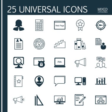 Yatırım, Çalışan Konumu, Garanti Ve Diğer Konular Hakkında 25 Evrensel Simgeler Ayarlayın. Anahtar Kelime Optimizasyonu, Kadın Uygulaması, Büyüme Ve Diğer Simgeleri Içeren Vektör Simge Seti.