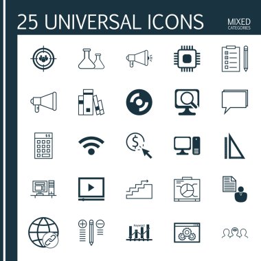 Ölçüm, Web Sitesi Performansı, Pano ve Diğer Konular Üzerine 25 Evrensel Simgeler Ayarlayın. Anımsatıcı, Medya Kampanyası, Konferans ve Diğer Simgeler Dahil Vektör Simge Seti.