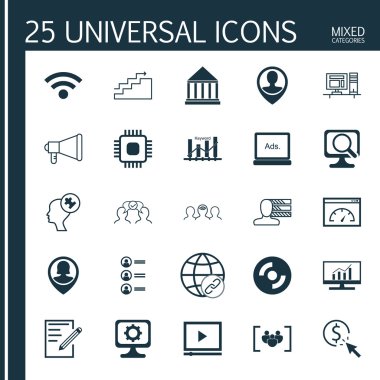 Set 25 Evrensel Simgeler Pazar Araştırması, Ppc, Laptop Ve Daha Fazla Konu. Anket, Çip, İşbirliği Ve Diğer Simgeler Dahil Vektör Simge Seti.