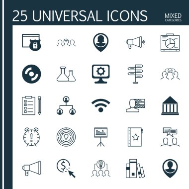 Pin Elemanı, Koçluk, Duyuru ve Daha Fazla Konunun Üzerinde 25 Evrensel Simge. Eğitim Merkezi, Çalışanların Konumu, Hatırlatma ve Diğer Simgeler de dahil olmak üzere Vektör Simgesi Kümesi.