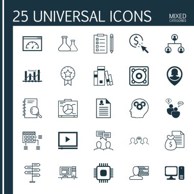 25 Evrensel Simge Raporu, Hatırlatma, Koçluk ve Daha Fazla Konu. Kütüphane, Anımsatıcı, Video Oynatıcı ve Diğer Simgeleri içeren Vektör Simgesi Seti.
