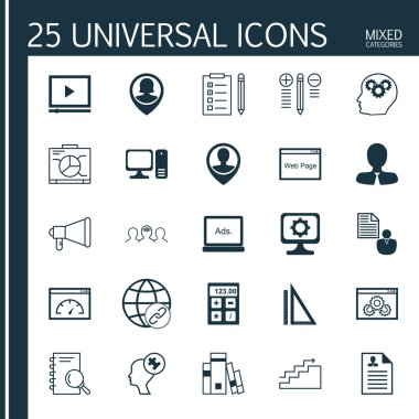 Anımsatıcı, web sitesi, web sitesi performansı ve daha fazla başlık içeren 25 Evrensel Simge seti. Vector Simge Kümesi Müfredat Vitae, Ölçüm, Hatırlatma ve Diğer Simgeler.