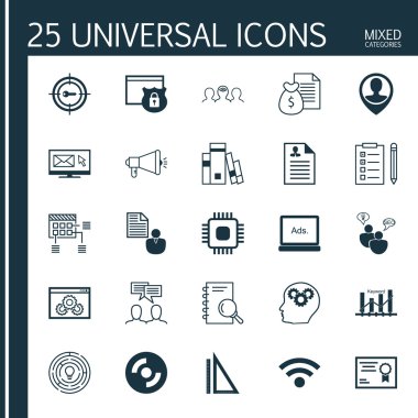 Analiz, Anahtar Kelime Pazarlama, Hatırlatma Ve Daha Fazla Konu Üzerine 25 Evrensel Simgeler Set. Özgeçmiş, Seo Brainstorm, Medya Kampanyası Ve Diğer Simgeler Dahil Vektör Simge Seti.