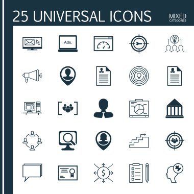 Set 25 Evrensel Simgeler Dizüstü, Konferans, Kadın Uygulama Ve Daha Fazla Konu. Soru Formu, Yükleme Hızı, Kadın Uygulaması Ve Diğer Simgeleri Içeren Vektör Simge Seti.