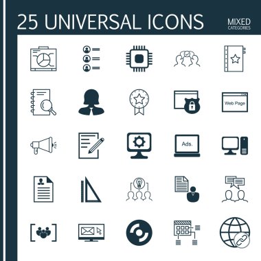 Set 25 Evrensel Simgeler Dijital Medya, Rapor, Yönetim Kurulu Ve Diğer Konular. Bilgisayar, Bilgisayar, Zamanlama ve Diğer Simgeler Dahil Vektör Simge Seti.