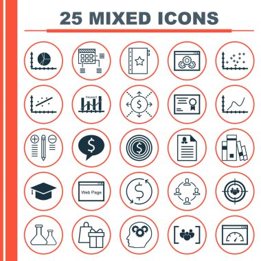 Circle Graph, Kütüphane, Garanti Ve Daha Fazla Konu Üzerine 25 Evrensel Simgeler Ayarlayın. Garanti, İş Anlaşması, Mezuniyet Simgeleri Dahil Vektör Simge Seti.