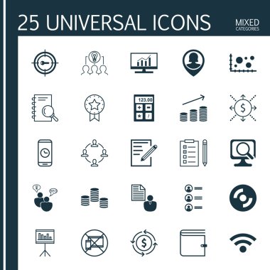 Set 25 Evrensel Simgeler Yasak Mobil, Boş Cd, Analiz Ve Daha Fazla Konu. Karşılaştırma, Mevcut Rozet, Arama Süresi Simgeleri Dahil Vektör Simge Seti.