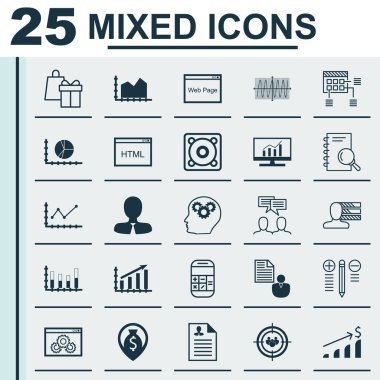 Circle Graph, Tartışma, Web Sitesi Performansı ve Daha Fazla Konu Üzerine 25 Evrensel Simgeler Ayarlayın. Sıralı Grafikler, Cosinus Diyagramı, Karar Verme Simgeleri Dahil Vektör Simge Seti.