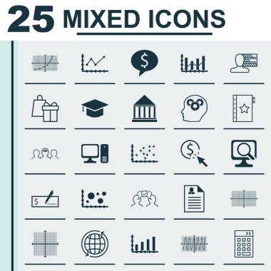 Dizüstü Bilgisayar, Yatırım, Kare Diyagram ve Daha Fazla Konu Üzerinde 25 Evrensel Simgeler Ayarlayın. Karşılaştırma Dahil Vektör Simge Seti, Eğitim Merkezi, Grafikiz Simgeleri.