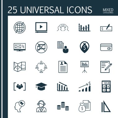 Raise Diyagramı, Para, Ölçüm ve Daha Fazla Konu Üzerine 25 Evrensel Simge ler Ayarlayın. Rapor Dahil Vektör Simge Seti, Yasak Mobil, Kağıt Simgeleri.