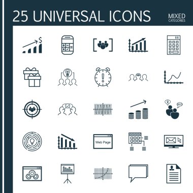 Koçluk, Yenilik, Hesaplama ve Daha Fazla Konu Üzerine 25 Evrensel Simgeler Ayarlayın. Zaman Yönetimi, Yatırım, Seo Beyin Fırtınası Simgeleri Dahil Vektör Simge Seti.