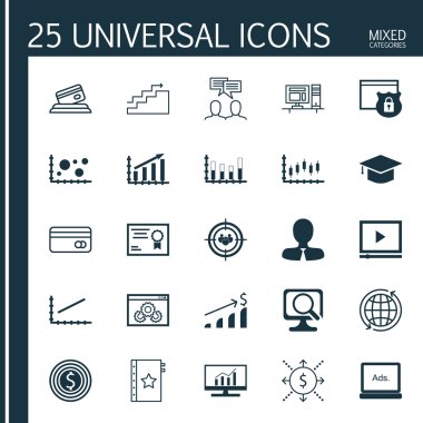 Set 25 Evrensel Simgeler Para, Yönetici, Line Up Ve Daha Fazla Konular. Pazar Araştırması Dahil Vektör Simge Seti, Parçalı Çubuk Grafiği, Plastik Kart Simgeleri.