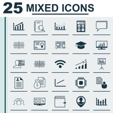 Kişisel beceriler, işbirliği, çip ve daha fazlası üzerine 25 evrensel simge seti. Segmentli Çubuk Grafiği, Pazar Araştırması, Konferans Simgeleri dahil Vektör Simgesi Seti.