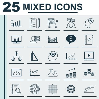Grafik Izgara, Tartışma, Kimyasal Ve Daha Fazla Konu Üzerine 25 Evrensel Simgeler Ayarlayın. Raise Diyagramı, Odak Grubu, Madeni Para Büyüme Simgeleri Dahil Vektör Simge Seti.