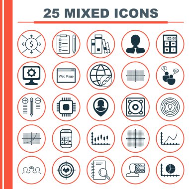 Kişisel Yetenekler, Başarı Grafiği, Mali ve Daha Fazla Konular Üzerine 25 Evrensel Simge Seti. Grafiksel Izgara, Anımsatıcı, Grup Simgelerini Odakla.