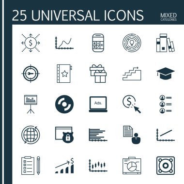 Set Of 25 Universal Icons On Music, Digital Media, Keyword Marketing And More Topics. Vector Icon Set Including Report, Graduation, Money Icons.