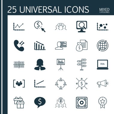 İşbirliği, Sunum, Dijital Medya Ve Daha Fazla Konu Üzerine 25 Evrensel Simgeden Oluşan Set. Sunum, Para, İşbirlikçi Çözüm Simgeleri Dahil Vektör Simge Seti.