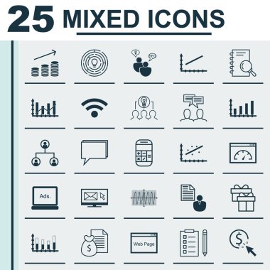 Set 25 Evrensel Simgeler Mevcut, İşbirlikçi Çözüm, Tartışma Ve Daha Fazla Konu. Vektör Simge Seti Dahil Rapor, Line Up, Madeni Para Büyüme Simgeleri.