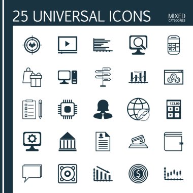 Focus Group, Alışveriş, Laptop Ve Daha Fazla Konu Üzerine 25 Evrensel Simgeler Ayarlayın. İş Hedefi Dahil Vektör Simge Seti, Eğitim Merkezi, Cüzdan Simgeleri.