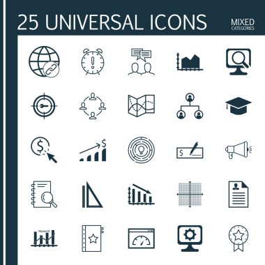 Set 25 Evrensel Simgeler Ağaç Yapısı, Ppc, Grafik Izgara Ve Daha Fazla Konu. Mezuniyet, Banka Ödemesi, Laptop Simgeleri Dahil Vektör Simge Seti.